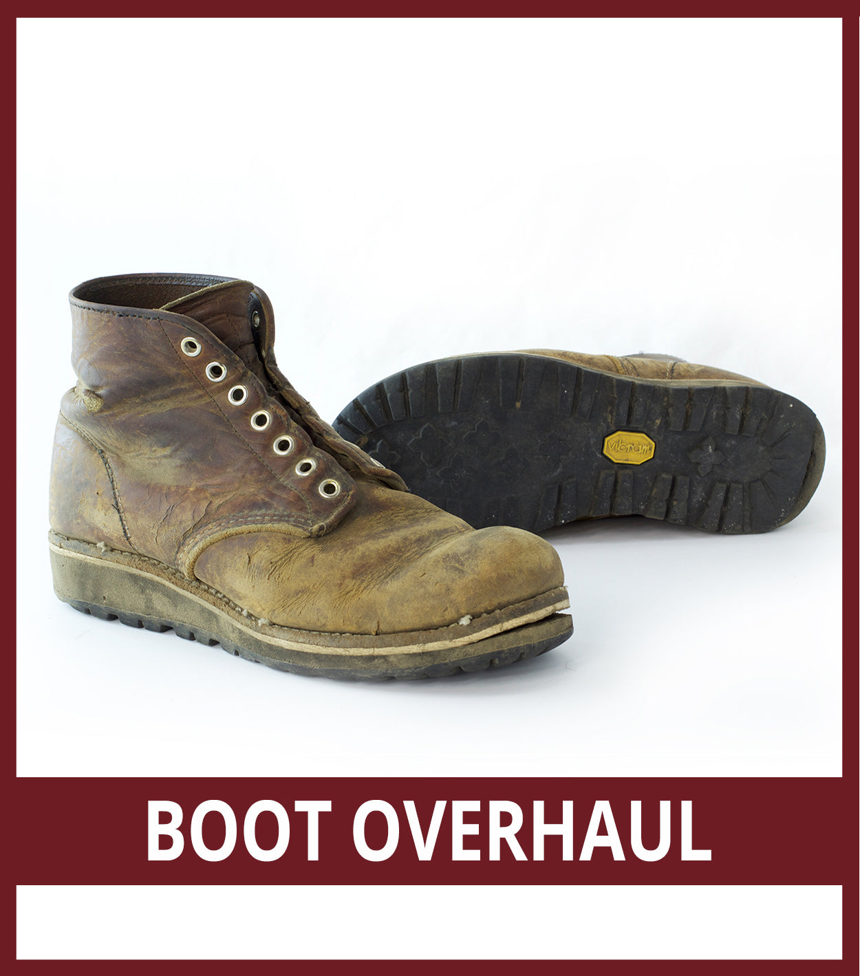 A pair of brown leather boots with the text 'BOOT OVERHAUL' displayed at the bottom.