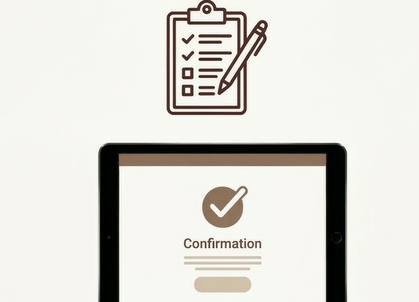 Digital tablet with confirmation screen and checklist icon on a white background